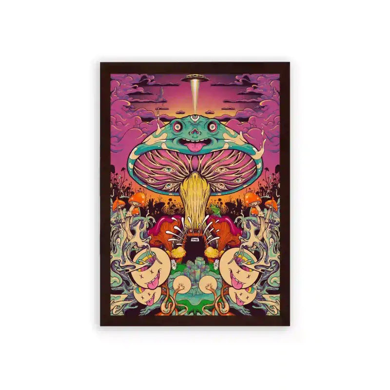 Acid Art 'Fantasy Fungus Festival' Framed Poster Brown Premium Wood