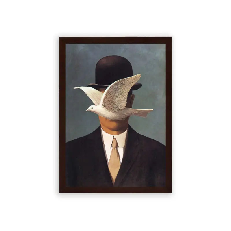 Surreal 'Flight of Thoughts' Framed Poster Brown Premium Wood Surreal portrait of a man with his face obscured by a dove in flight, creating an intriguing interplay between human form and avian grace.