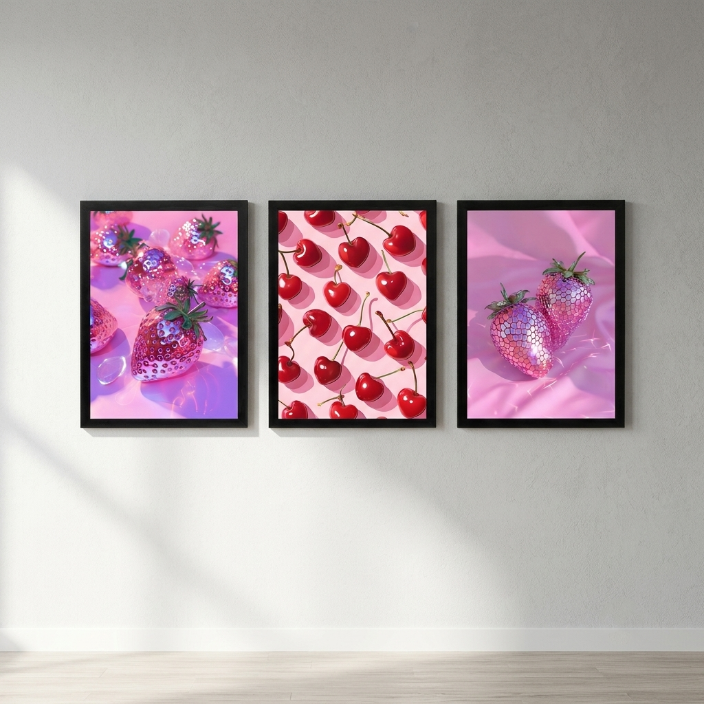 Berry Pop 3-piece framed poster set with Cherry Heart Pop, Pink Disco Strawberries and Pink Strawberry Glow hung as a gallery wall