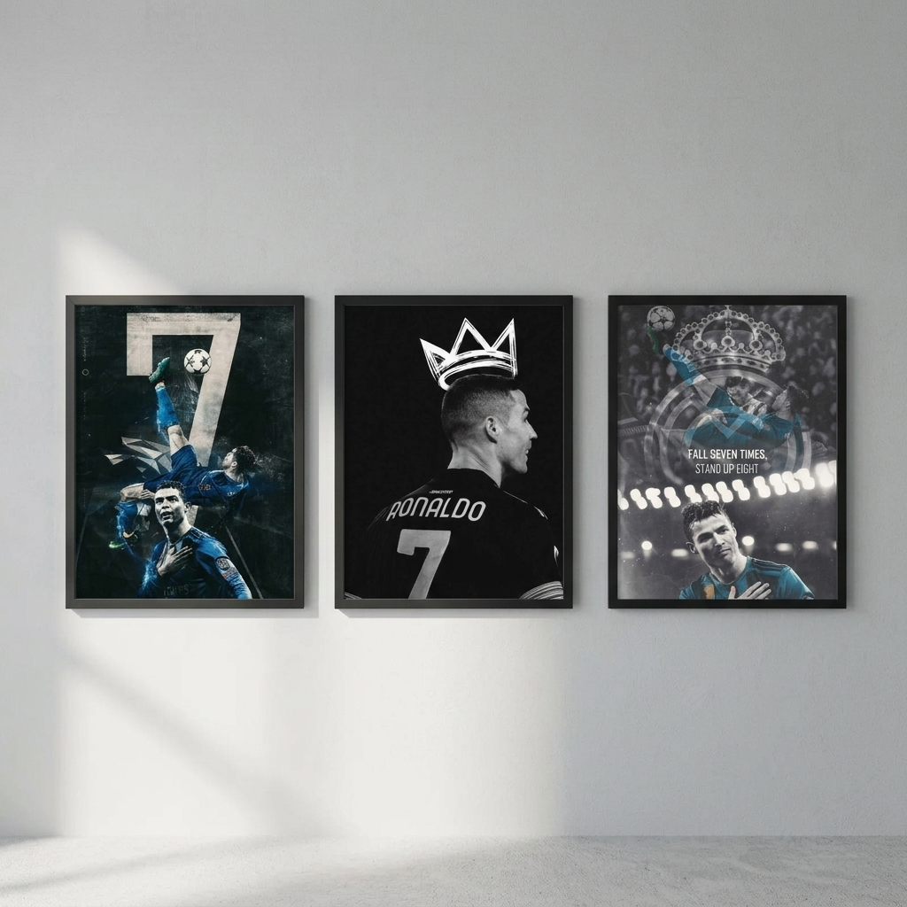 Cristiano Ronaldo 3-piece framed poster set with Bicycle Shot, Crown of the Greatest and Fall Seven Times hung as a gallery wall