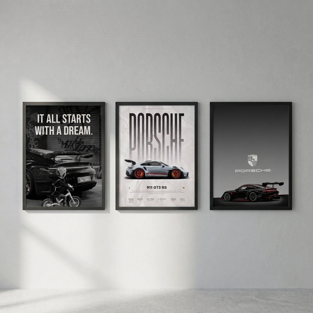 Porsche 3-piece framed poster set with 911 GT3, Dream and Perfection artwork hung as a gallery wall