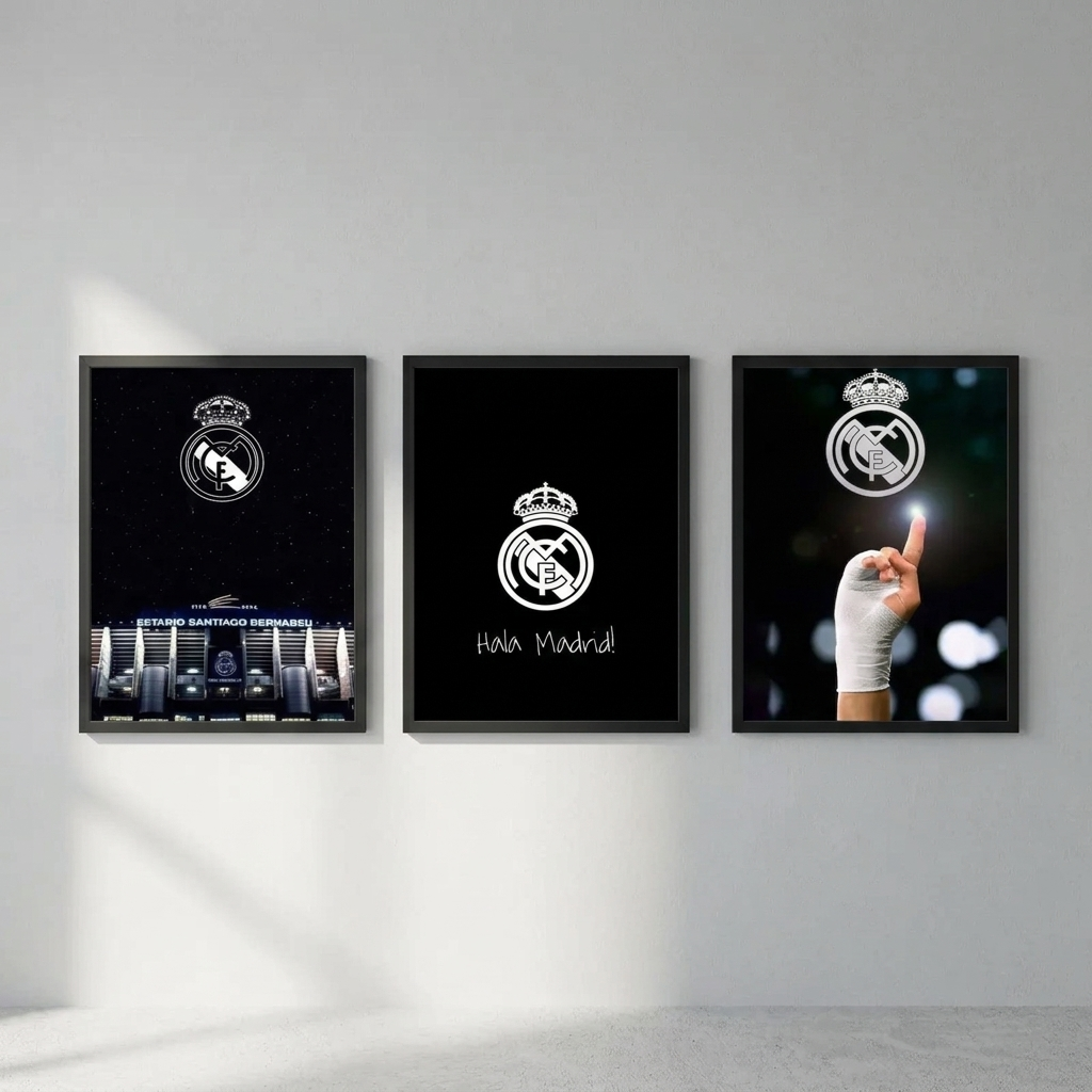 Real Madrid 3-piece framed poster set with Grasping Victory, Midnight Majesty and Pure Passion hung as a gallery wall