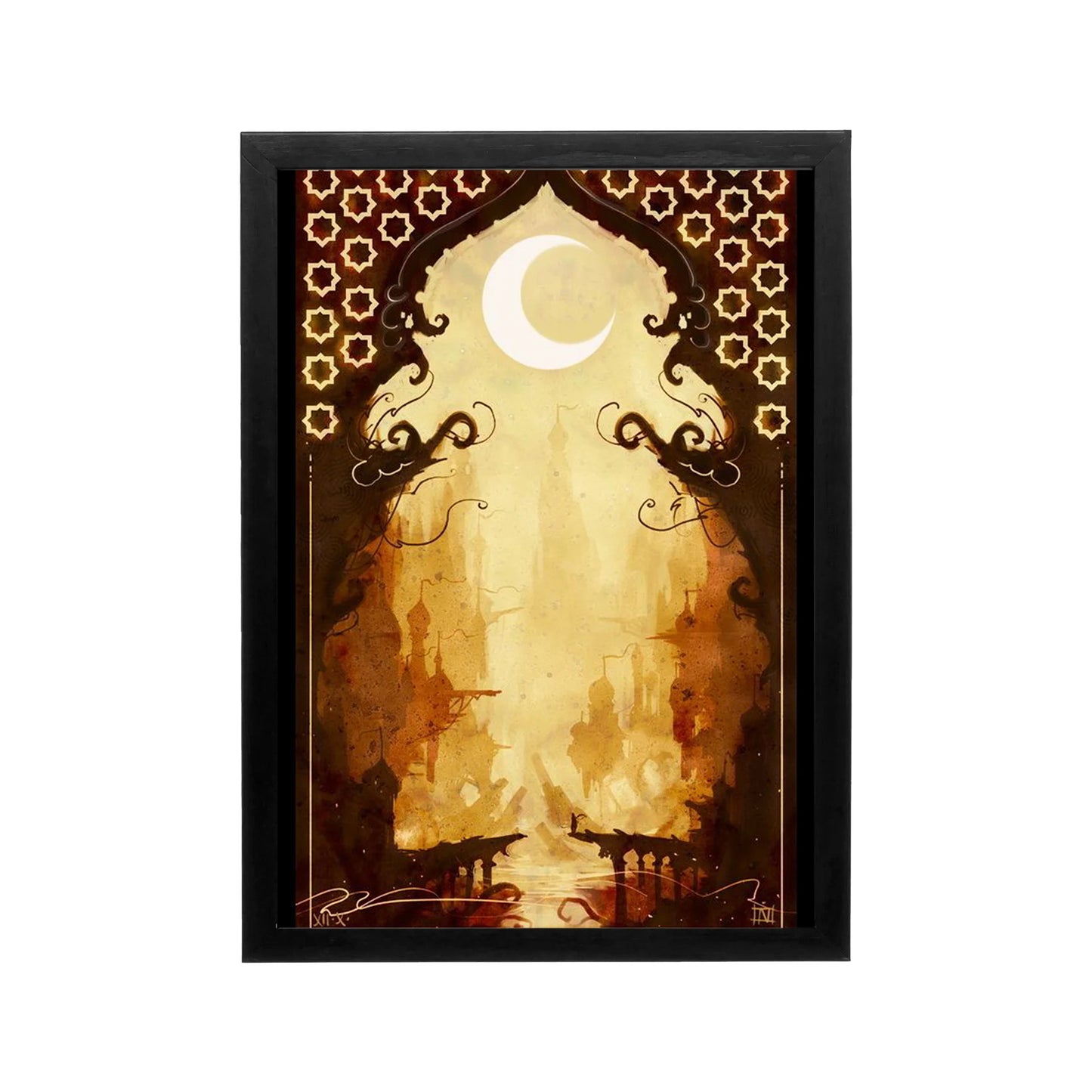 Crescent moon framed by an ornate arch and warm gold tones in regal Islamic art, ideal for a refined majlis or dining space.