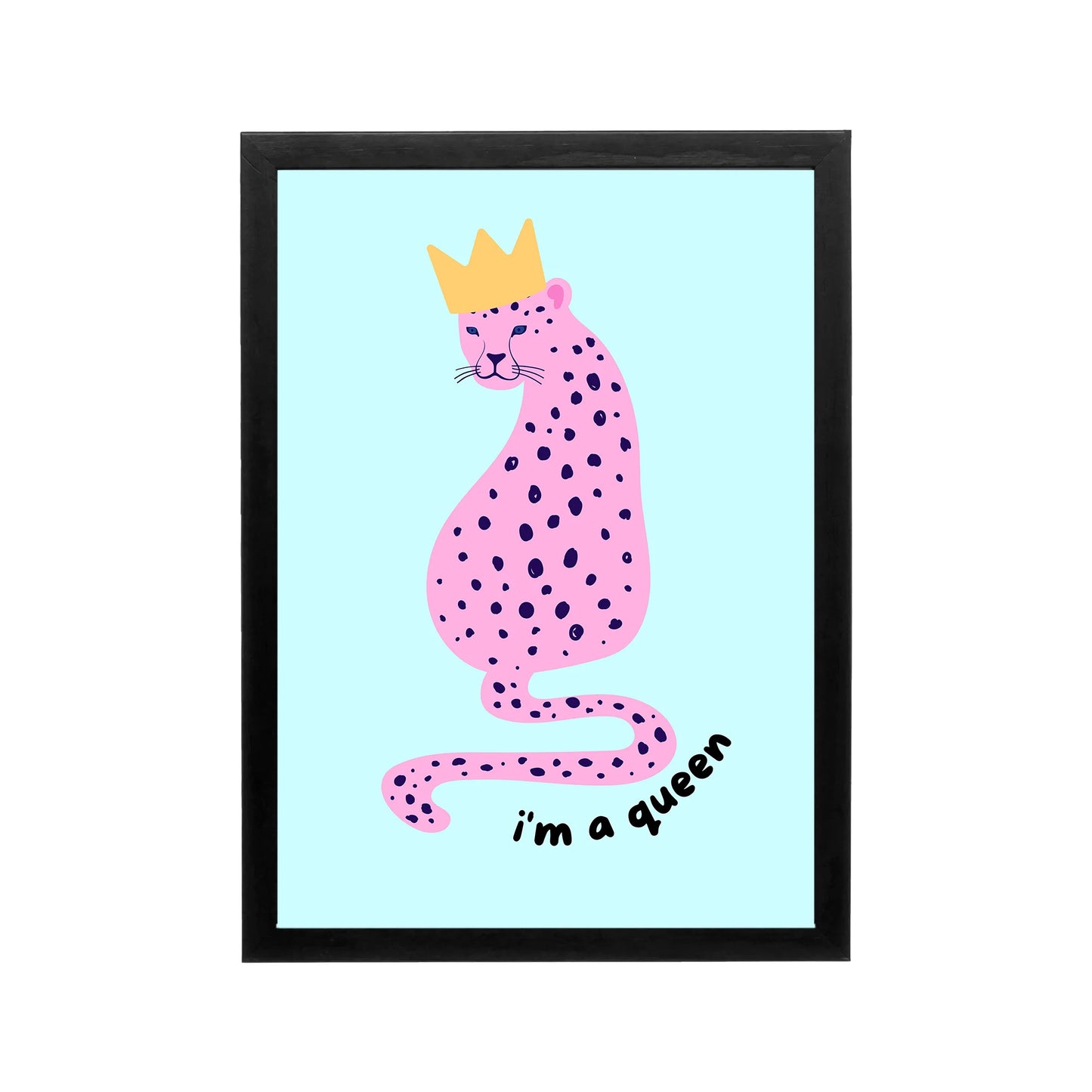 Pink spotted leopard with crown and i’m a queen text on aqua background, preppy Y2K wall art for bedroom or dorm
