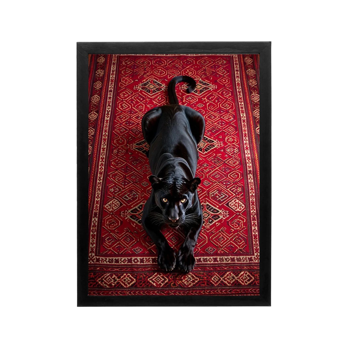 Black panther on crimson rug with Arabian decor in regal Islamic art style, ideal for a refined majlis or dining space.