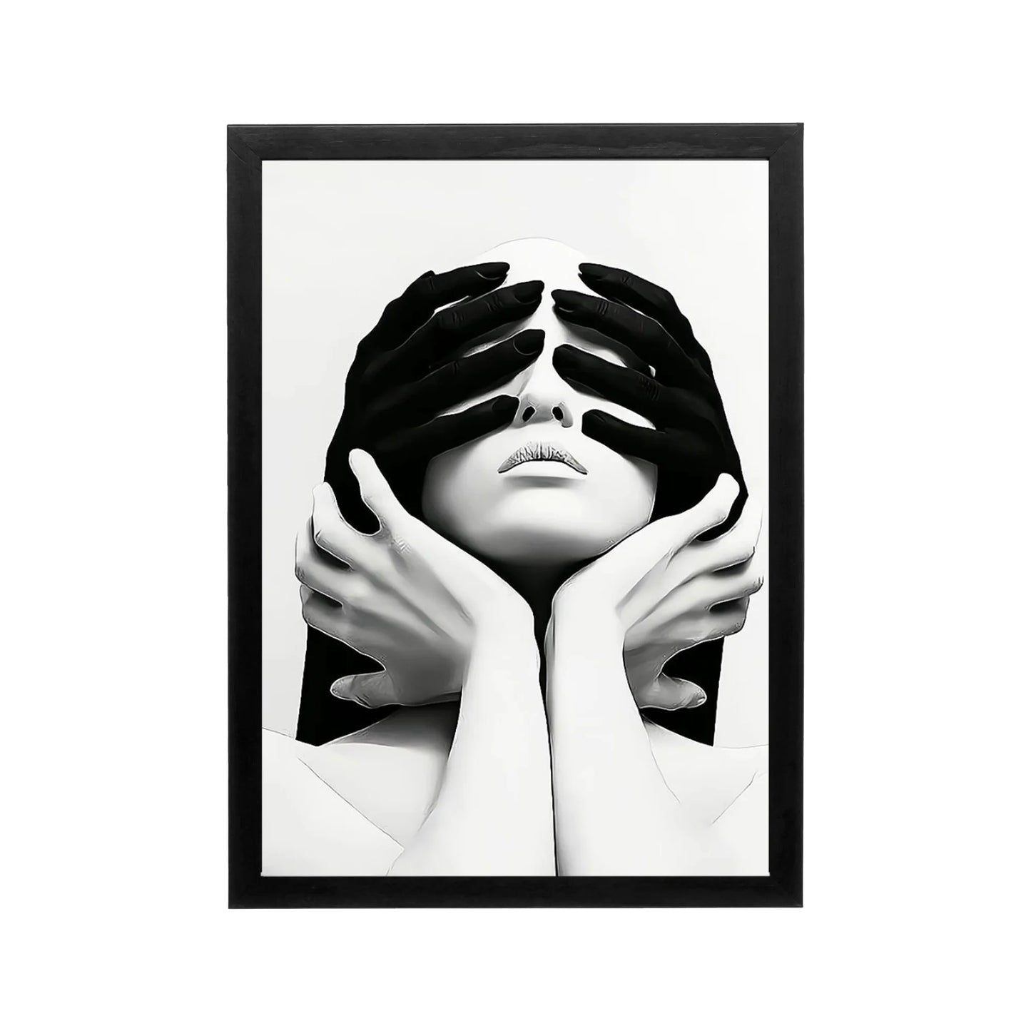 Black and white framed portrait with hands covering a face, minimalist editorial wall art for modern living rooms or offices