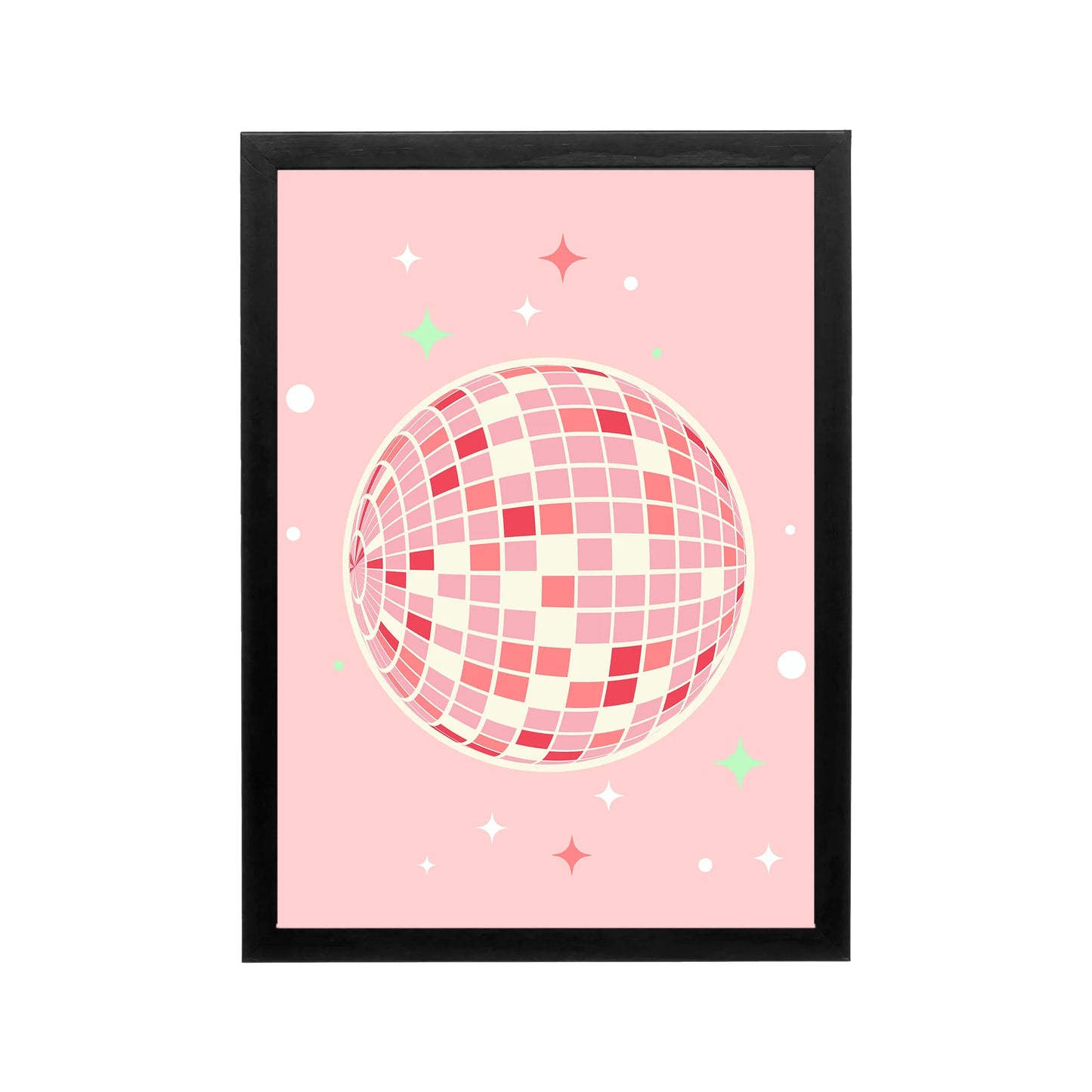 Pink disco sphere wall art with sparkles in preppy Y2K style for bedroom, dorm, vanity, or workspace