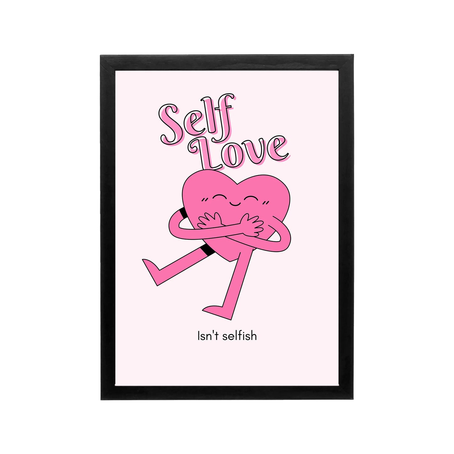 Pink Self Love poster with heart character and black retro typography for bedroom dorm vanity or workspace