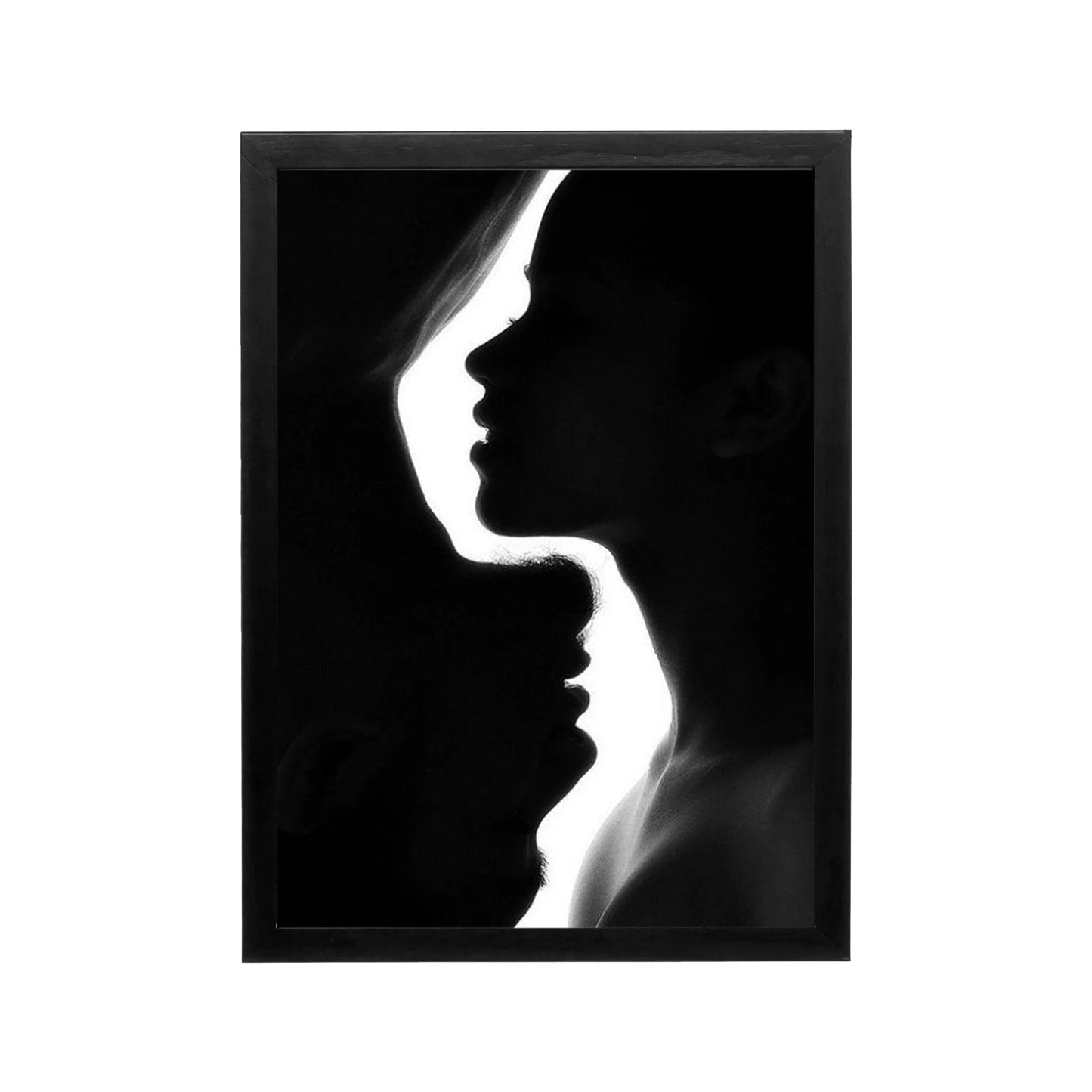 Black and white silhouette portrait with dramatic contrast for minimalist living room or hallway wall art