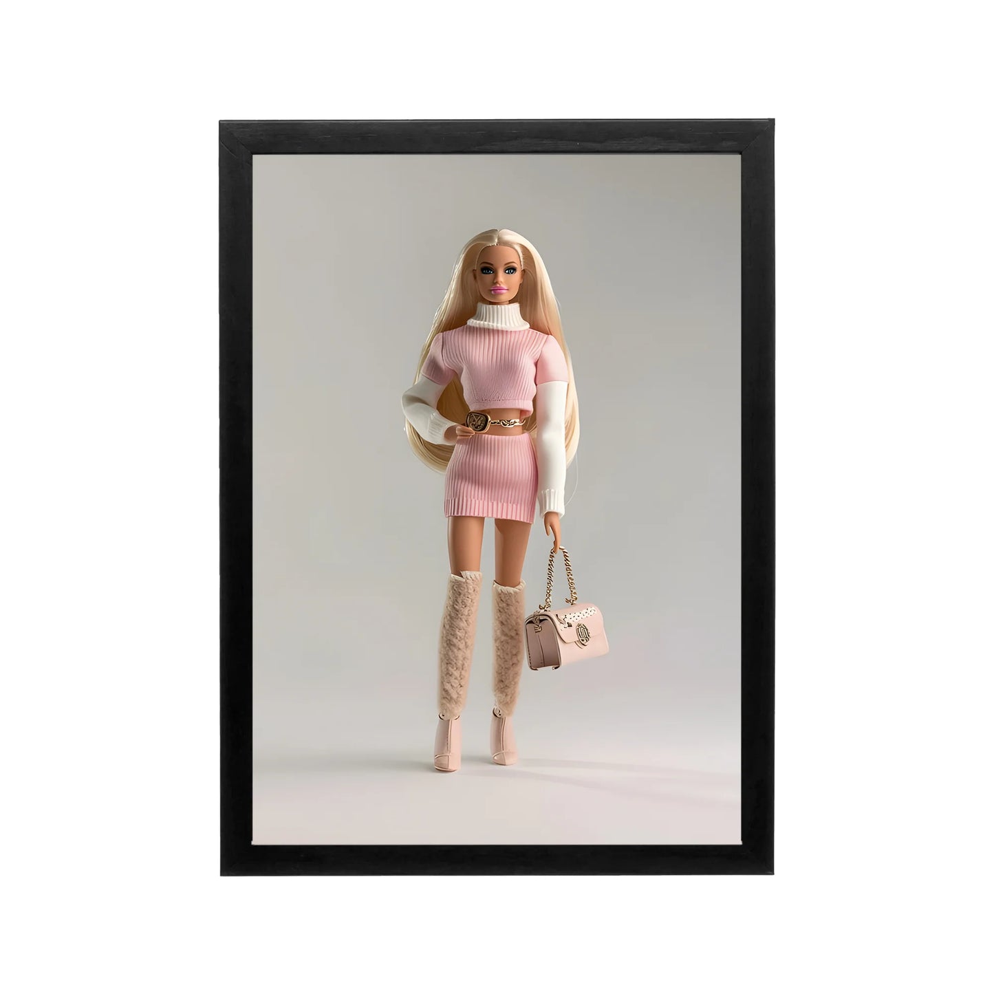 Blush pink preppy Y2K doll fashion print in black frame for bedroom, dorm, vanity or workspace