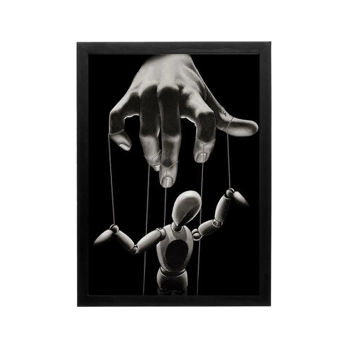 Black and white surreal puppet hand art with deep contrast and minimalist framing for modern living room decor