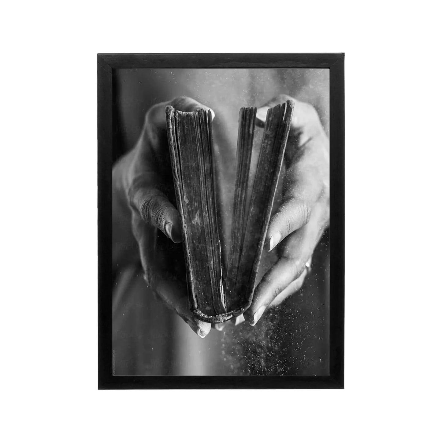 Black and white hands holding an open book in moody tonal range, minimalist editorial print for a calm modern space