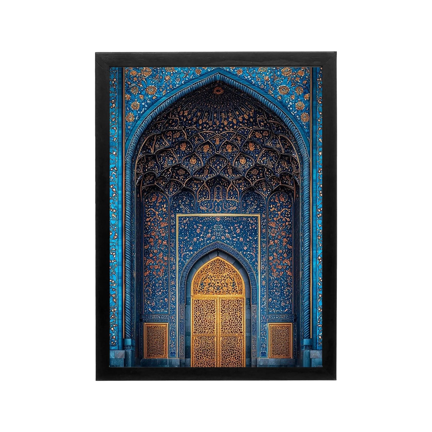 Ornate blue and gold Arabian wall art for an elegant Ramadan living room or majlis decor.