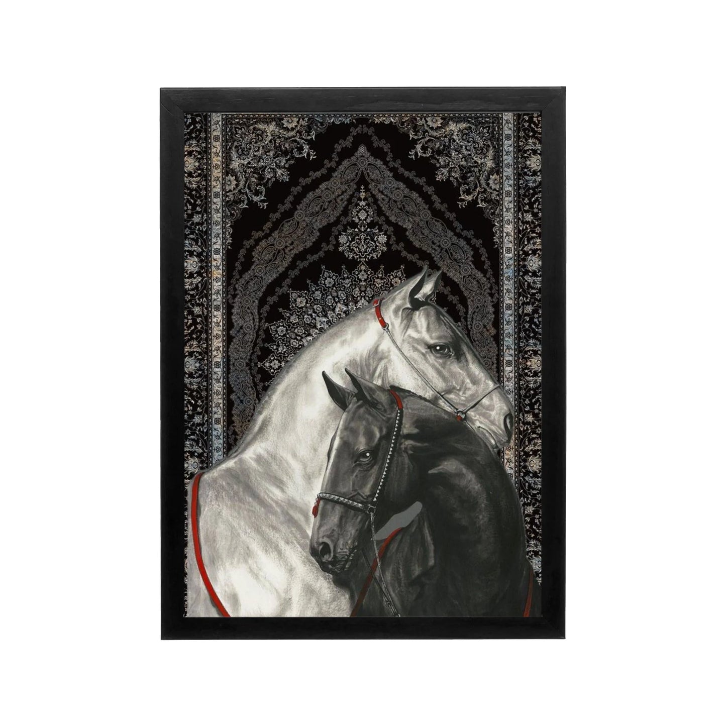 Black and silver Arabian horses art with intricate Persian-inspired patterns for a sophisticated Ramadan living room or prayer corner.