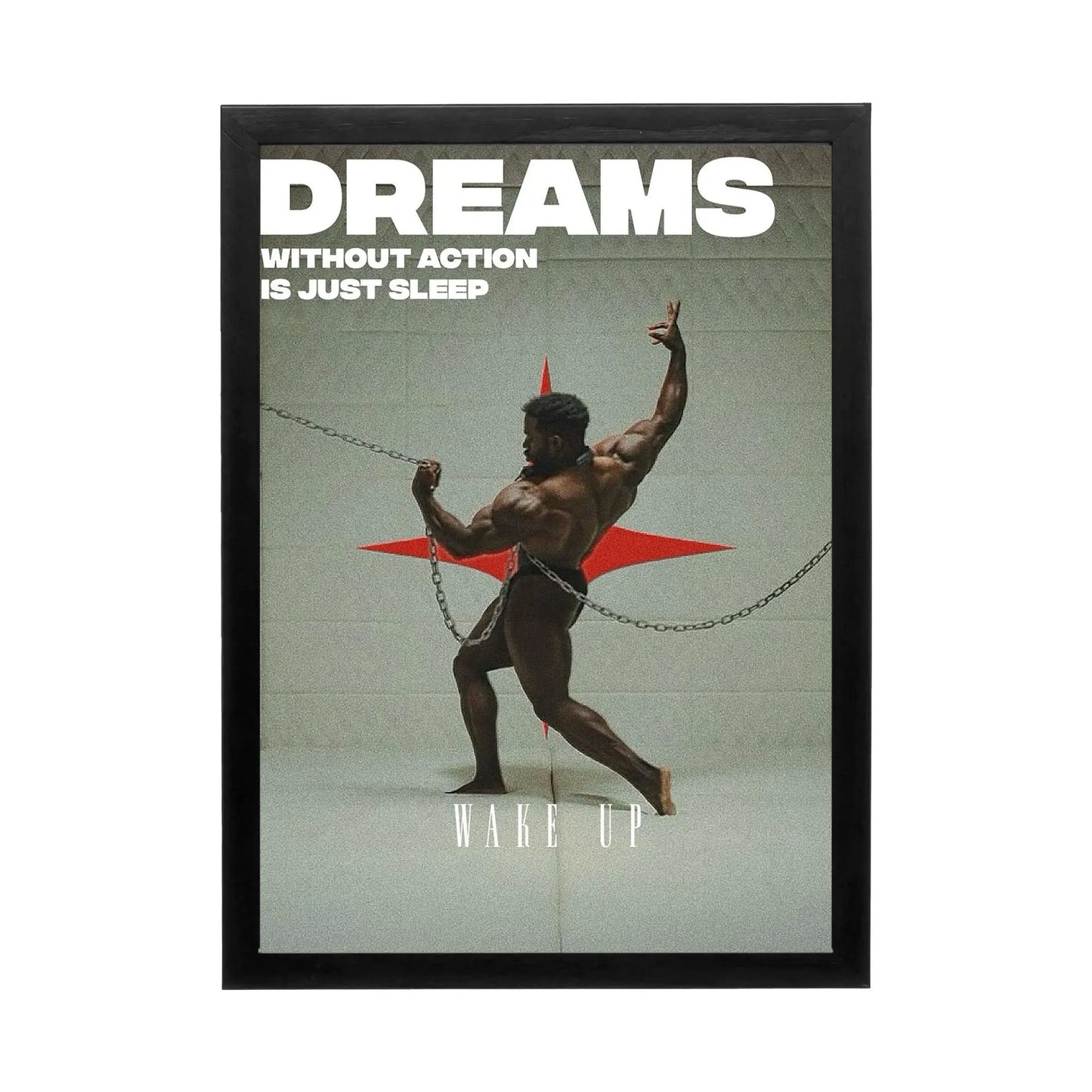 A powerful wall art featuring a muscular figure breaking chains in dramatic lighting, ideal for a high-performance workspace.