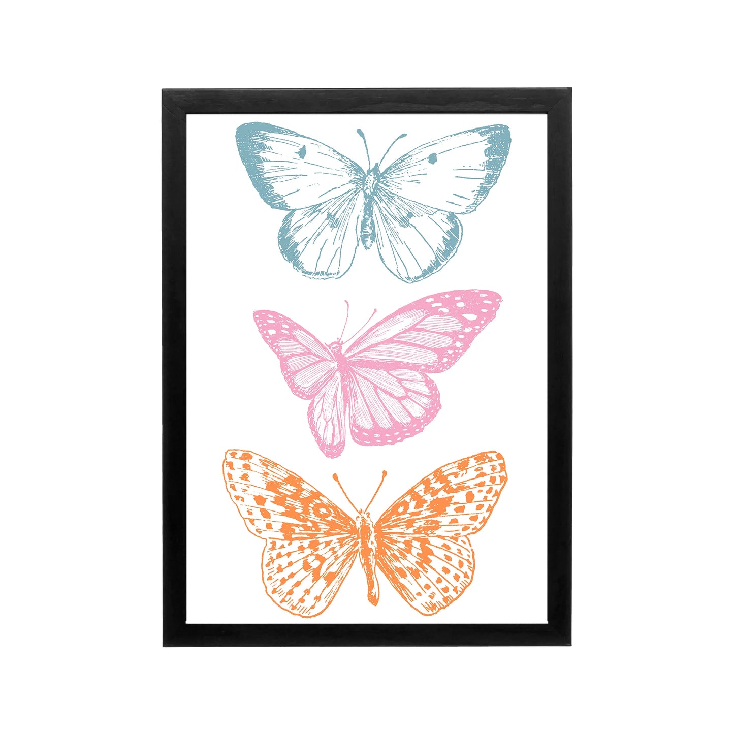 Three pastel butterflies in blue, pink, and orange on white, preppy Y2K wall art for bedroom, dorm, or vanity