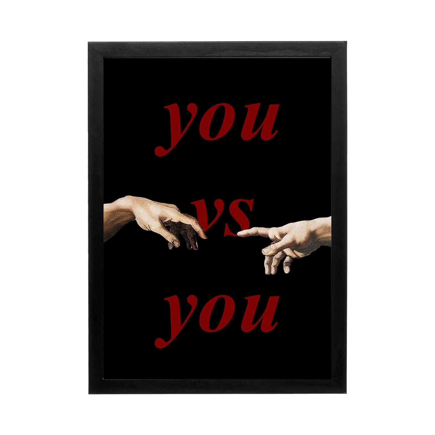 'You vs You' wall art featuring outstretched hands, dramatic black background, perfect for a high-performance office.
