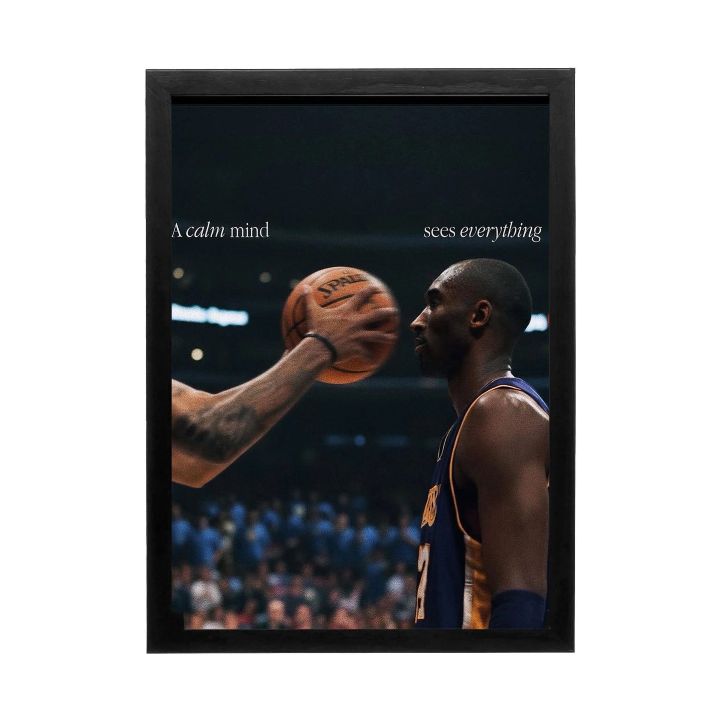 Inspirational wall art featuring a focused basketball player under dramatic arena lighting, perfect for office or study.