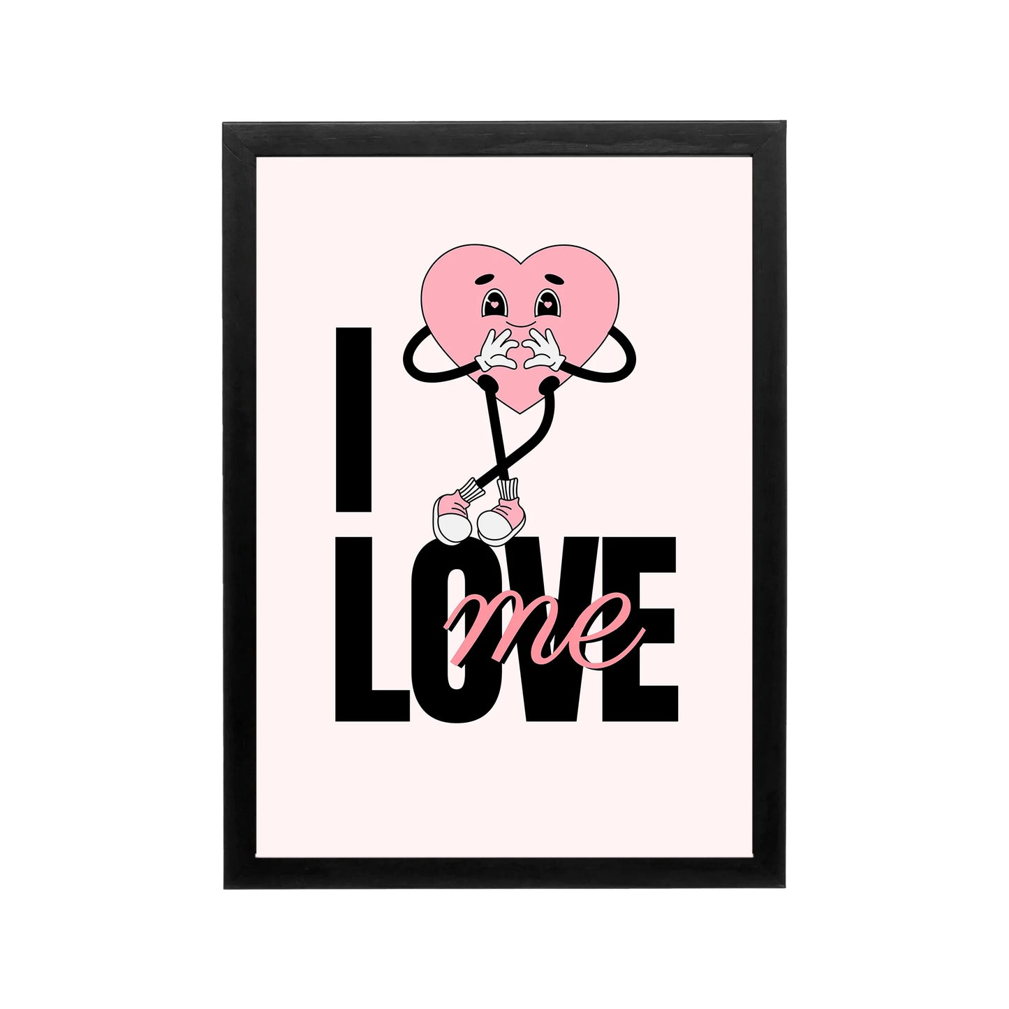 Pink heart character over Love me text in black and blush preppy Y2K style for bedroom or dorm wall art