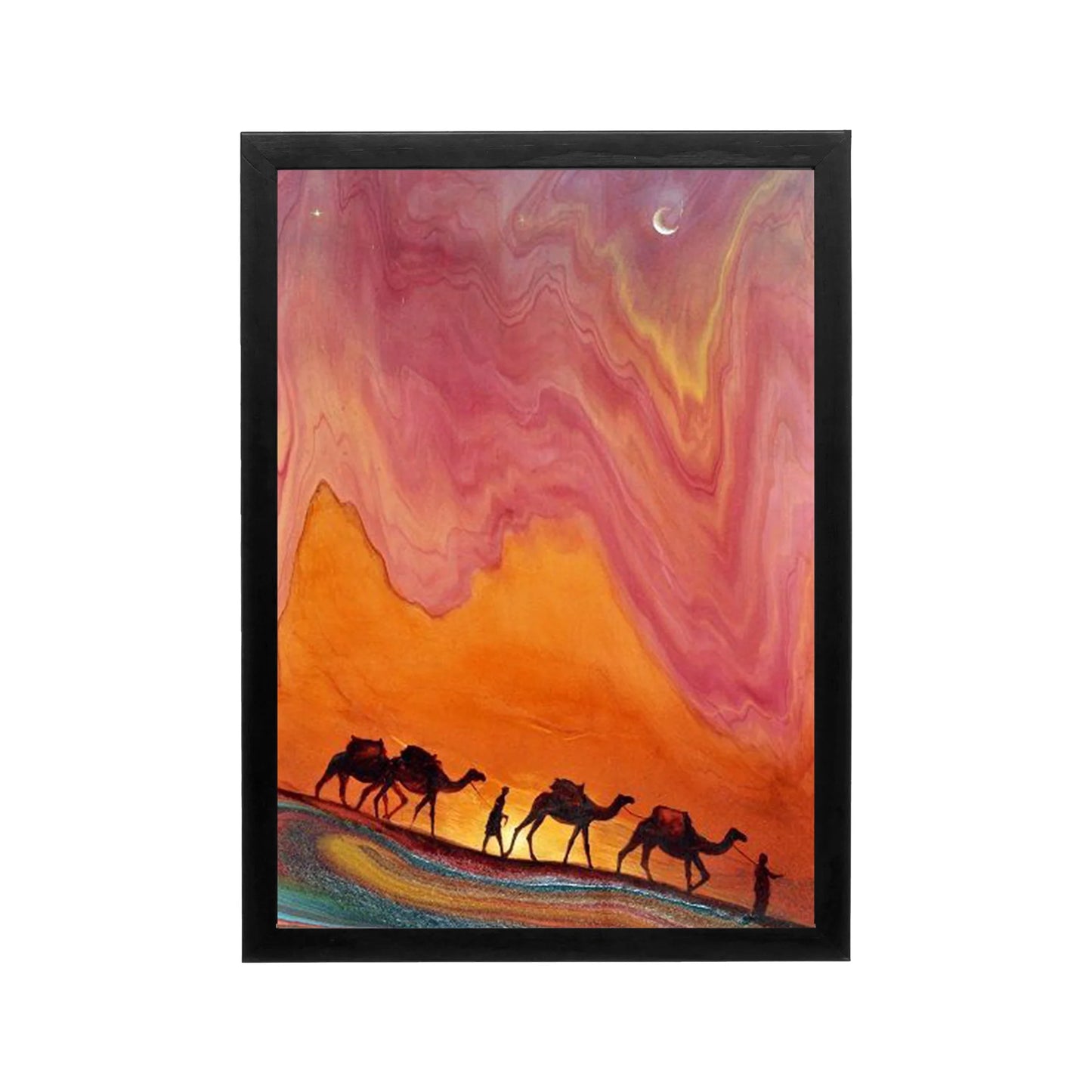 Dark framed Arabian Nights wall art with silhouetted camels against orange and pink desert sky for Ramadan majlis or prayer space
