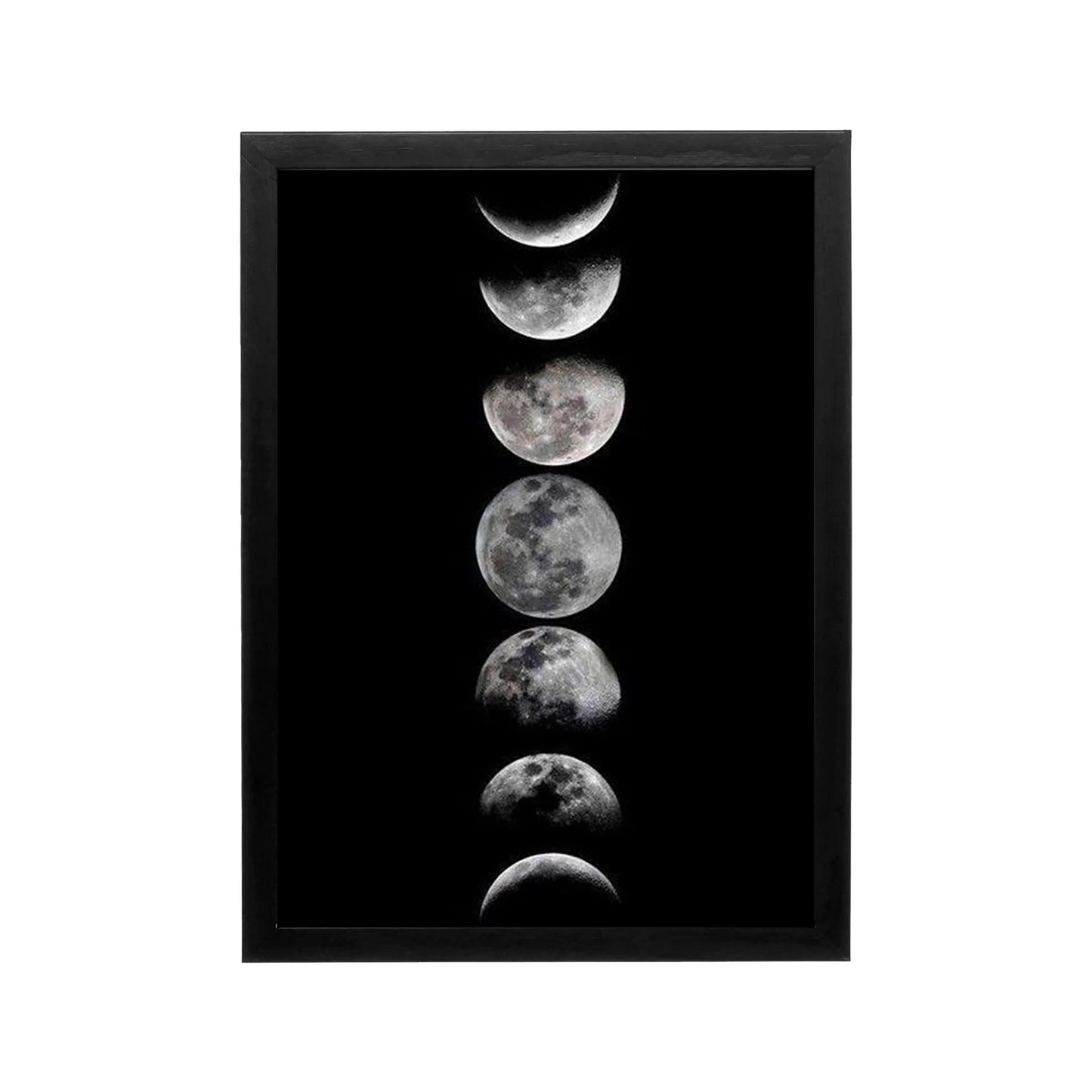 Black and white lunar phase print with vertical moons on a black background, minimalist wall art for modern spaces