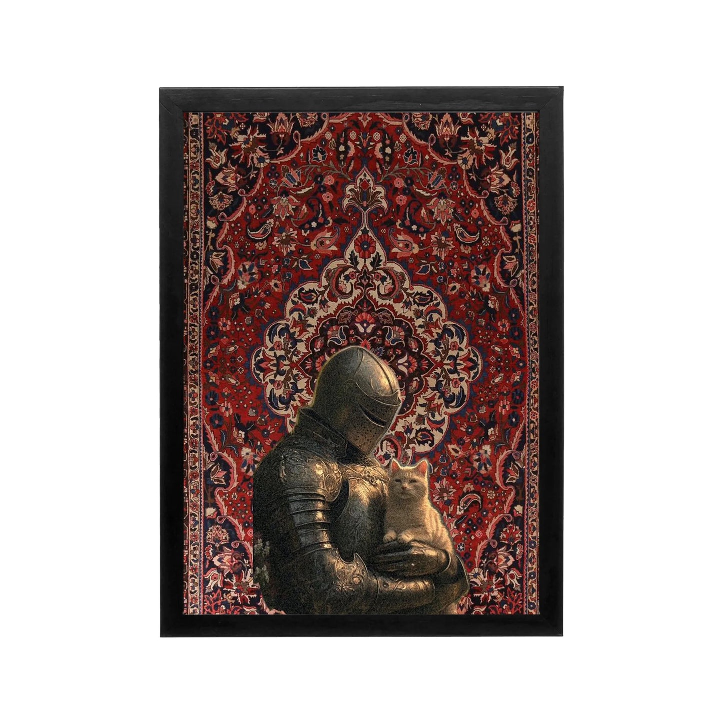 Knight in detailed armor holding a cat against a rich crimson and navy ornamental Persian carpet background for regal Middle Eastern decor.