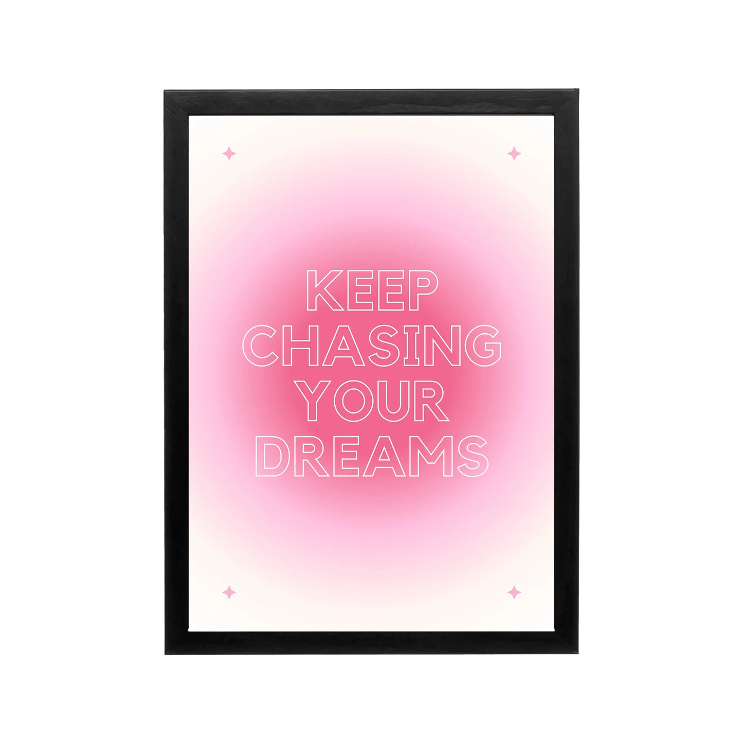 Pink gradient poster reading Keep Chasing Your Dreams with stars, preppy Y2K typography for bedroom or dorm