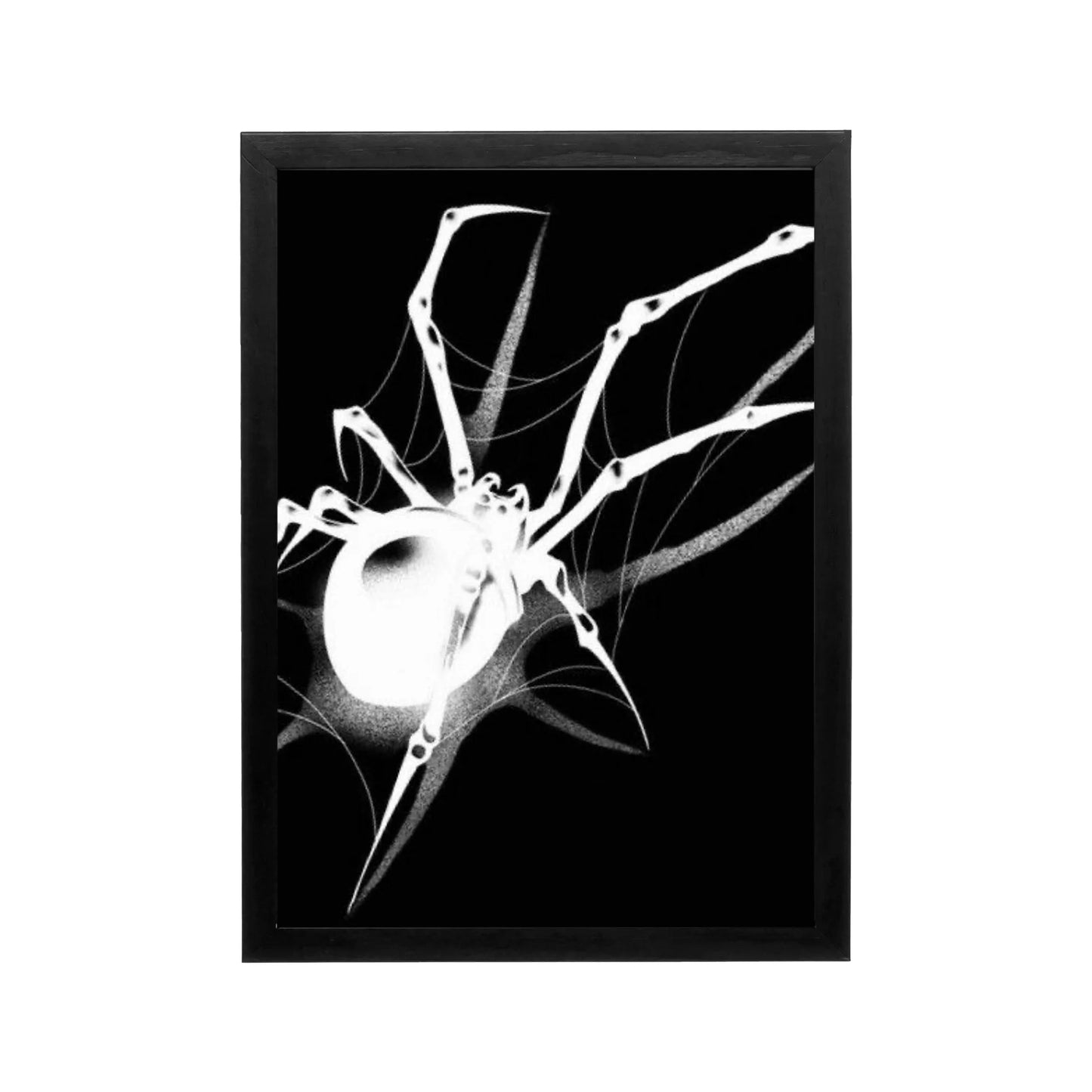 Abstract black and white spider-like form on deep black, minimalist editorial wall art for modern interiors