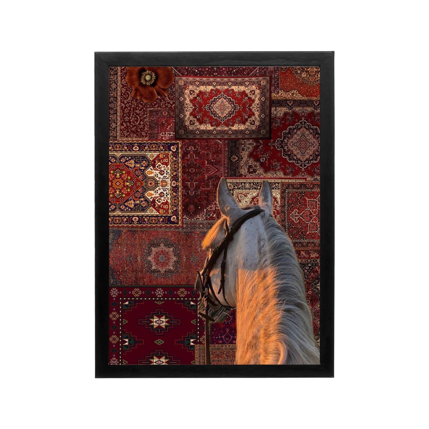 Horse head over ornate Persian carpet collage in crimson and gold, Arabian inspired wall art for a majlis or iftar space.