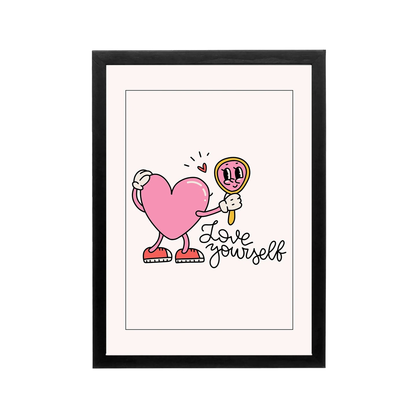 Pink heart character holding mirror with Love yourself text, preppy Y2K affirmation wall art for bedroom or dorm