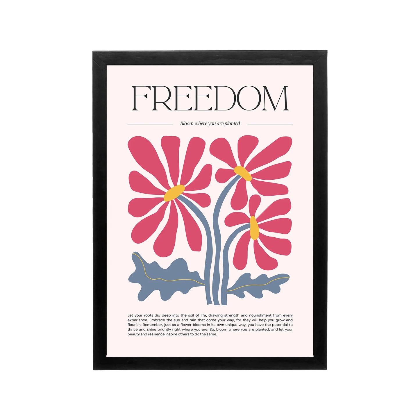 Pink Freedom floral poster with black serif typography, Y2K-preppy colors, and uplifting dorm room decor style