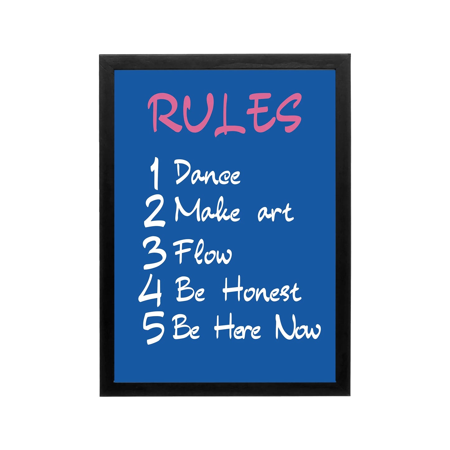 Blue poster with pink Rules and white numbered affirmations, preppy Y2k typography for bedroom dorm or workspace