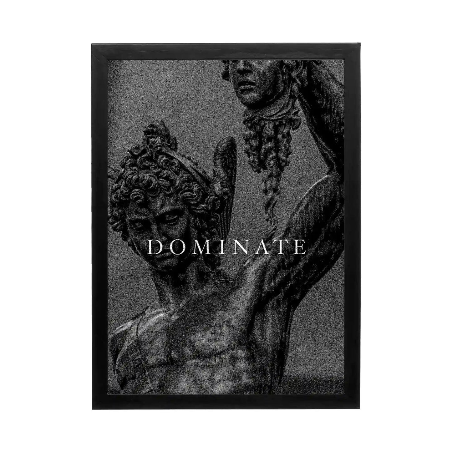 Dramatic black and white wall art depicting a powerful sculpture with the word 'Dominate,' perfect for an office or home workspace.
