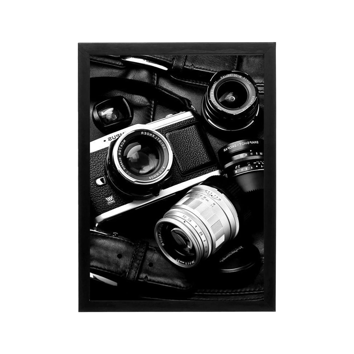 Black and white camera lens still life framed wall art for studio or office, high-contrast monochrome minimal decor
