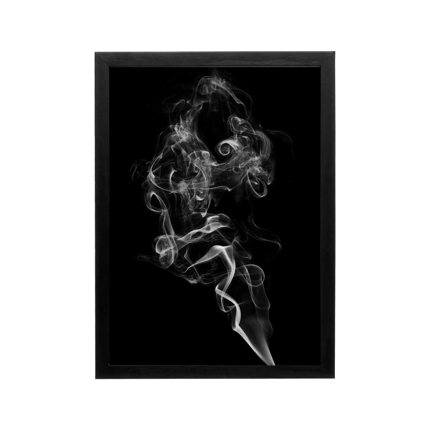 Framed black and white smoke photograph with high contrast minimalism for modern wall art in a living room or office