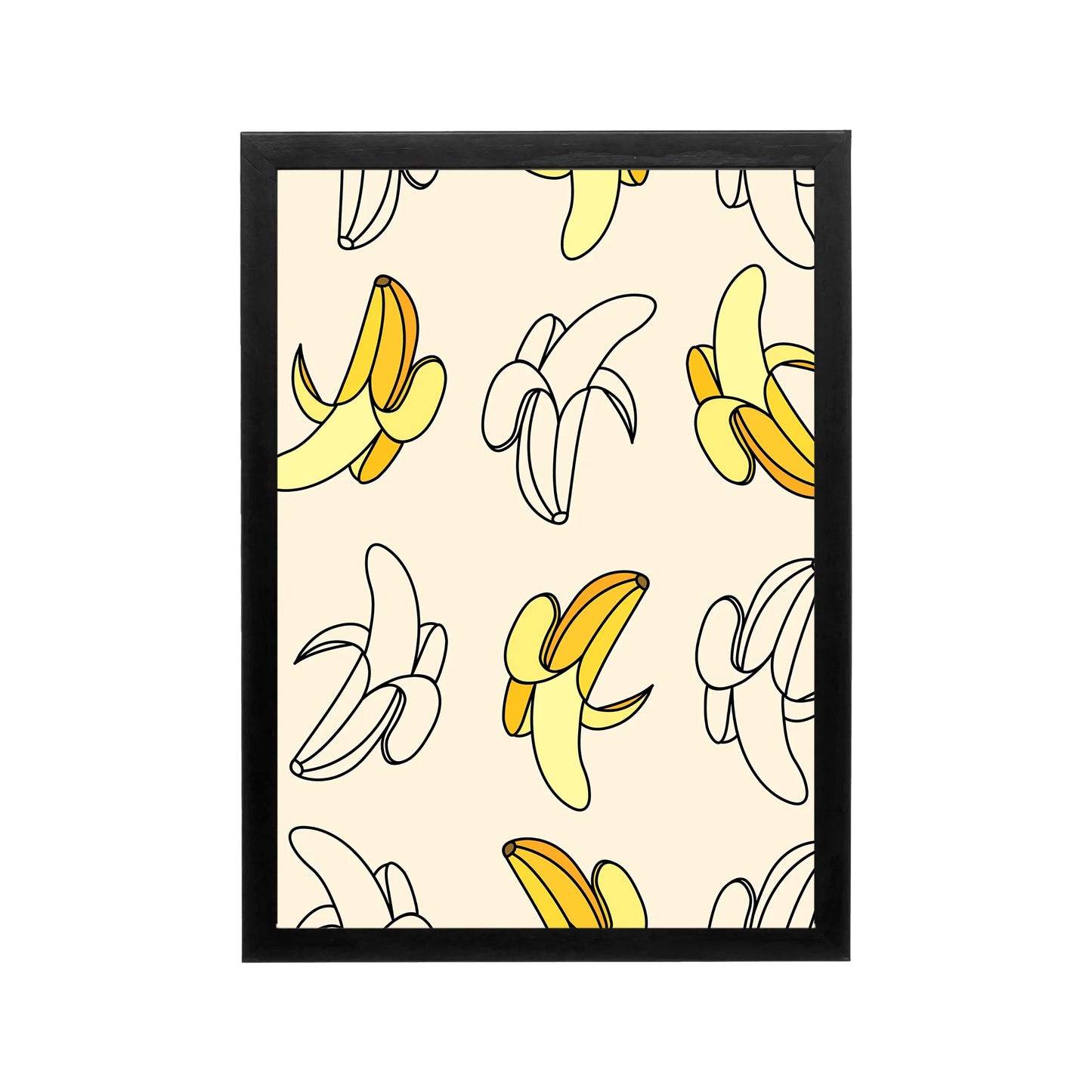 Framed banana pattern art in cream, black, and yellow, playful preppy Y2k style for bedroom dorm or workspace