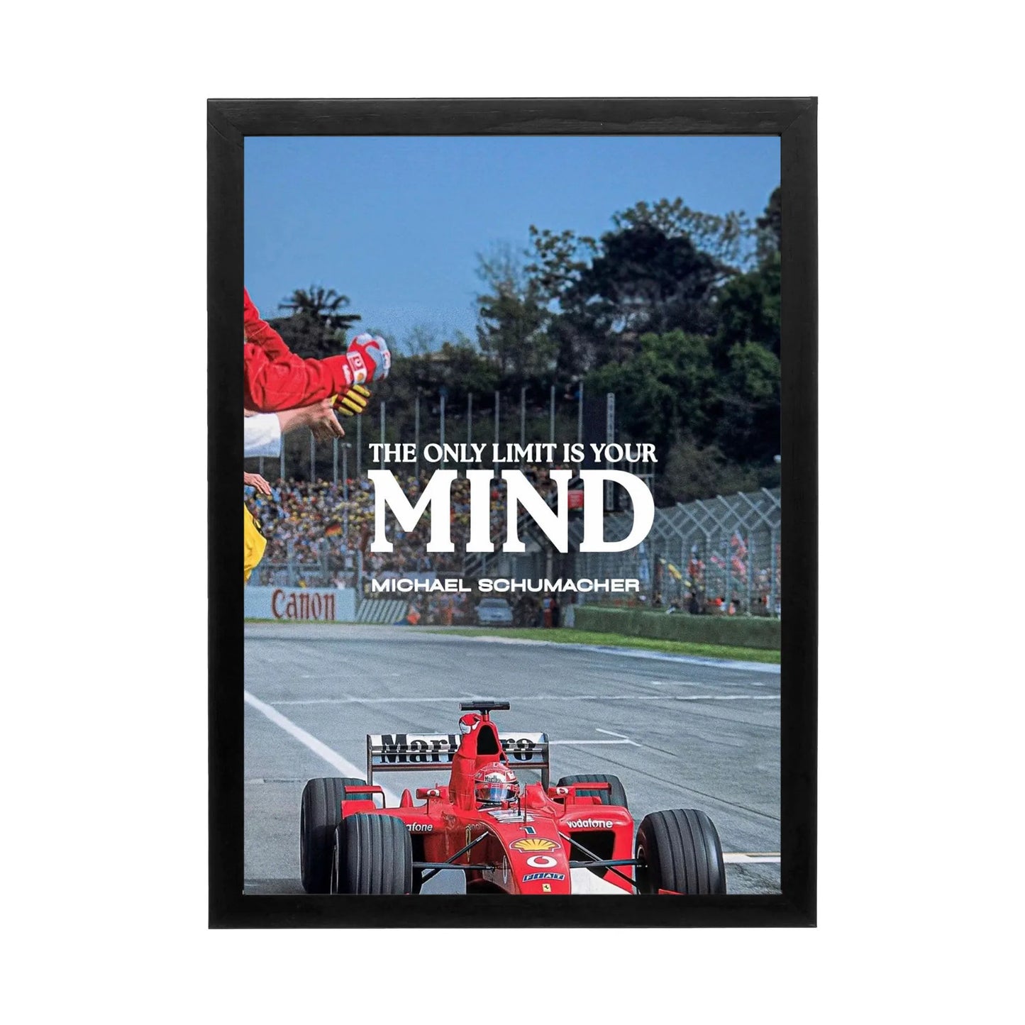 High-performance racing art featuring a Ferrari and motivational quote by Michael Schumacher, perfect for an office.