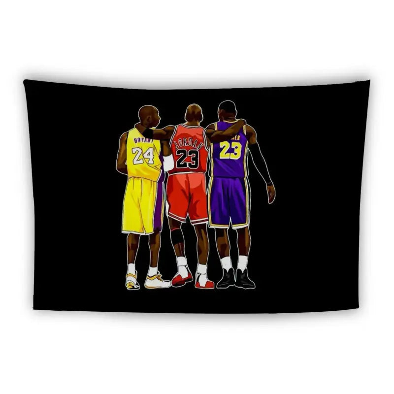 Illustration of three basketball players, each wearing distinctive uniforms, standing with their backs to the viewer. The players sport jerseys with the numbers 24, 23, and 23, in yellow, red, and purple respectively, with their arms around each other's shoulders.