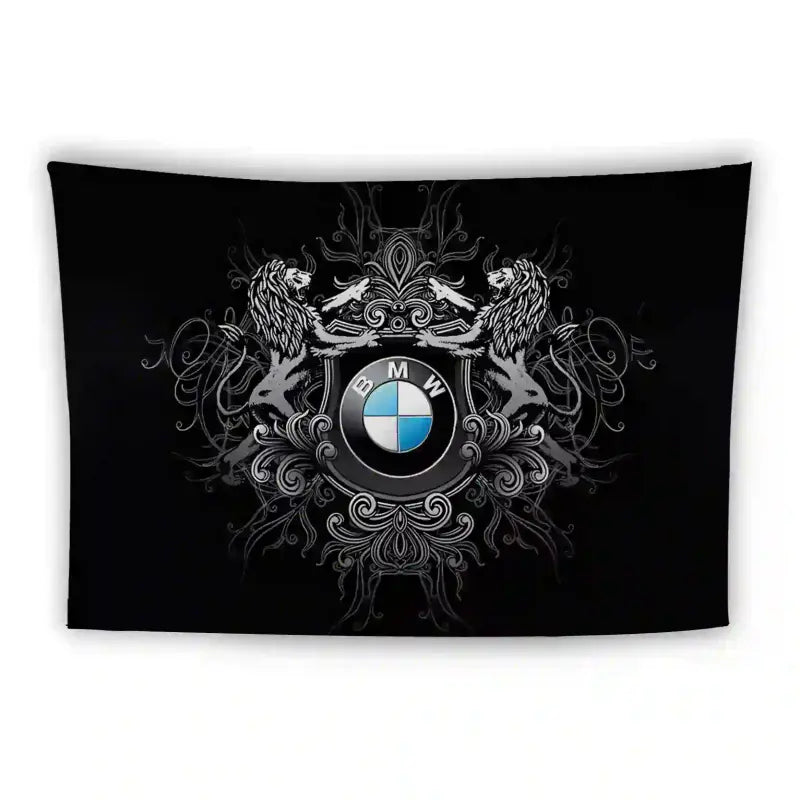 A black flag featuring a detailed silver design with two lions standing upright, facing each other. In the center is the BMW logo, with a circular shape divided into blue and white quadrants, and the BMW text on the top half of the circle.