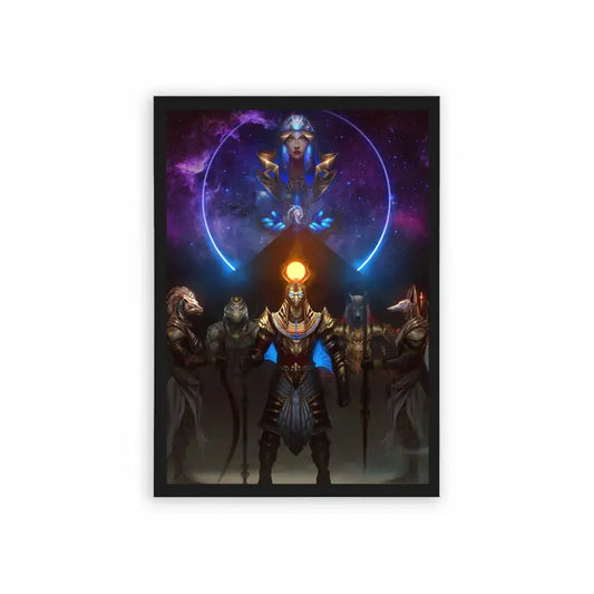 Ancient Egyptian 'Cosmic Convergence' Framed Poster Black Hard Fiber A gathering of intergalactic beings united under the gaze of a mystical cosmic entity.