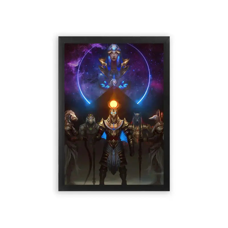 Ancient Egyptian 'Cosmic Convergence' Framed Poster Black Premium Wood A gathering of intergalactic beings united under the gaze of a mystical cosmic entity.