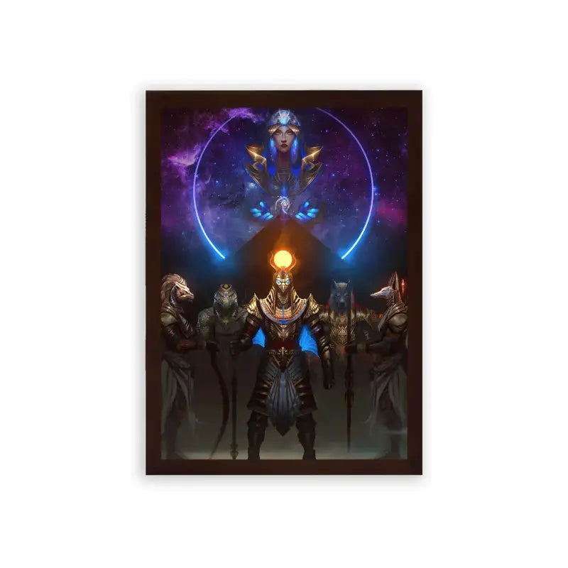 Ancient Egyptian 'Cosmic Convergence' Framed Poster Brown Premium Wood A gathering of intergalactic beings united under the gaze of a mystical cosmic entity.