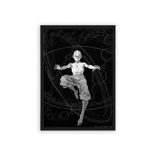 Avatar The Last Airbender 'Ethereal Motion' Framed Poster Black Hard Fiber An artistic black and white illustration of a figure enigmatically floating amidst abstract shapes and swirling lines, exuding a sense of ethereal motion and serene weightlessness, beautifully captured in a framed poster.