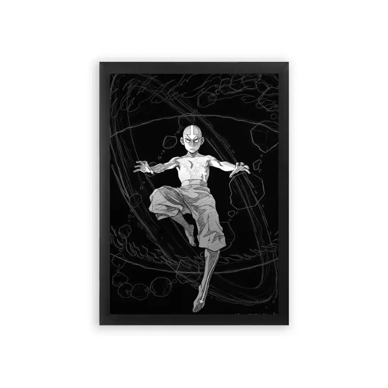 Avatar The Last Airbender 'Ethereal Motion' Framed Poster Black Premium Wood An artistic black and white illustration of a figure enigmatically floating amidst abstract shapes and swirling lines, exuding a sense of ethereal motion and serene weightlessness, beautifully captured in a framed poster.