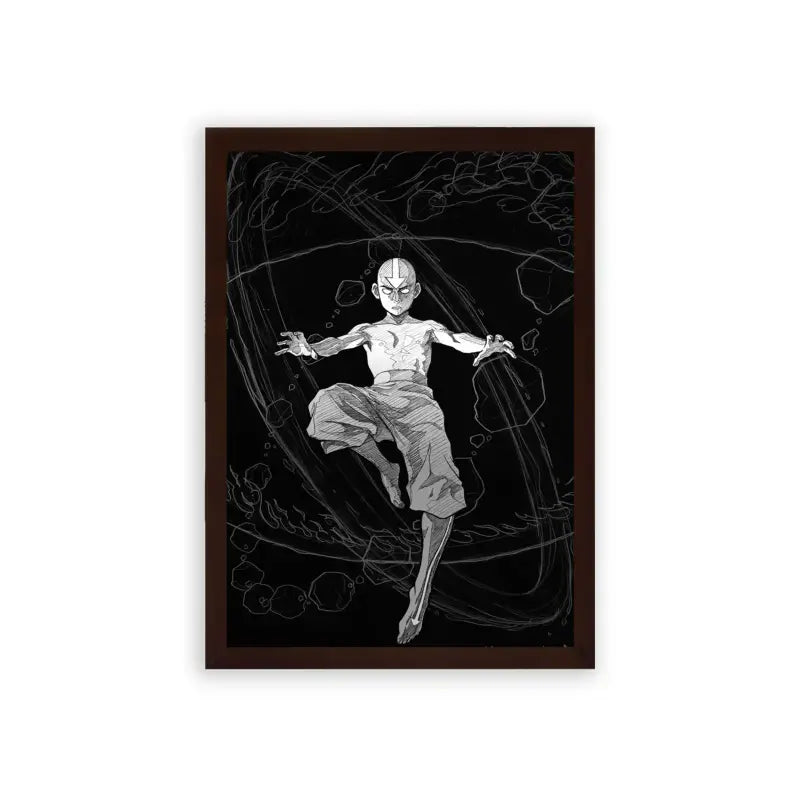 Avatar The Last Airbender 'Ethereal Motion' Framed Poster Brown Premium Wood An artistic black and white illustration of a figure enigmatically floating amidst abstract shapes and swirling lines, exuding a sense of ethereal motion and serene weightlessness, beautifully captured in a framed poster.