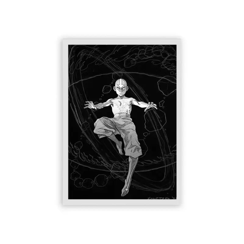 Avatar The Last Airbender 'Ethereal Motion' Framed Poster White Hard Fiber An artistic black and white illustration of a figure enigmatically floating amidst abstract shapes and swirling lines, exuding a sense of ethereal motion and serene weightlessness, beautifully captured in a framed poster.