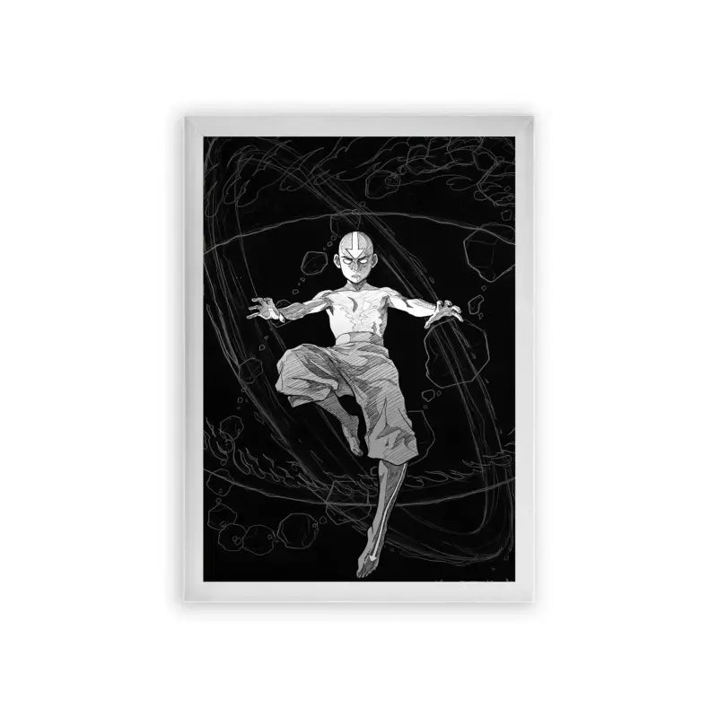 Avatar The Last Airbender 'Ethereal Motion' Framed Poster White Premium Wood An artistic black and white illustration of a figure enigmatically floating amidst abstract shapes and swirling lines, exuding a sense of ethereal motion and serene weightlessness, beautifully captured in a framed poster.