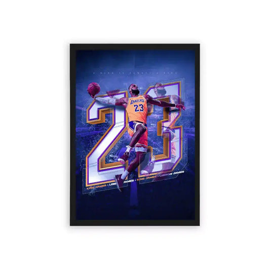 Basketball 'The Iconic 23' Framed Poster Black Hard Fiber Dynamic basketball player in action, leaping for a slam dunk in front of a stylistic number 23 with a vibrant purple and gold backdrop, capturing the energy of the game in posters.