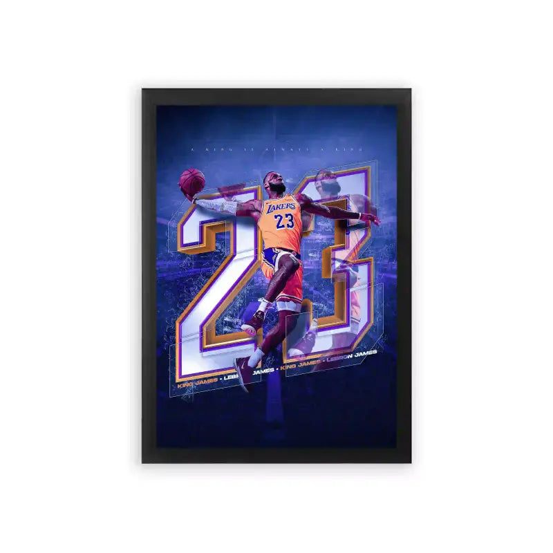 Basketball 'The Iconic 23' Framed Poster Black Premium Wood Dynamic basketball player in action, leaping for a slam dunk in front of a stylistic number 23 with a vibrant purple and gold backdrop, capturing the energy of the game in posters.