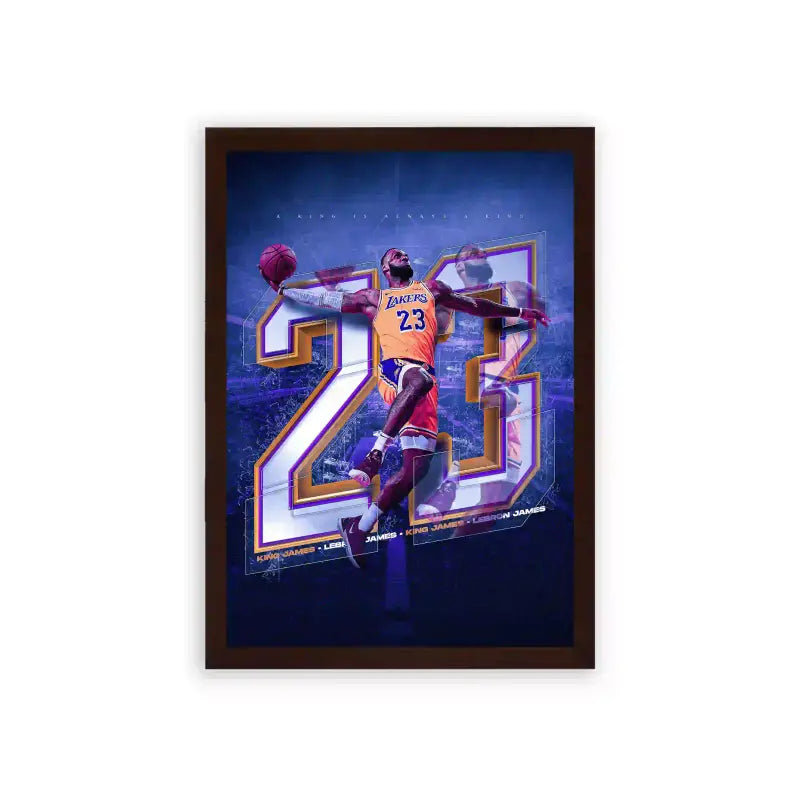 Basketball 'The Iconic 23' Framed Poster Brown Premium Wood Dynamic basketball player in action, leaping for a slam dunk in front of a stylistic number 23 with a vibrant purple and gold backdrop, capturing the energy of the game in posters.